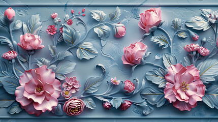 Wall Mural - vintage rose and leaves sclupture on blue wall background.