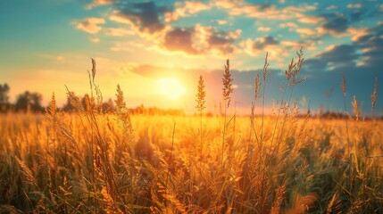 a stunning sunset over a golden wheat field with dramatic clouds and sun rays, capturing the beauty 