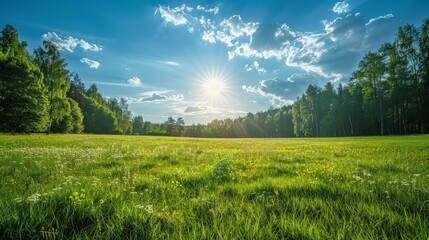 A serene meadow bathed in sunlight, featuring lush green grass, trees, and a clear blue sky with fluffy clouds.