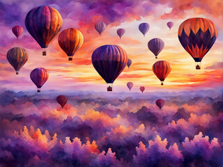 Wall Mural -  Fantasy hot air balloons at sunset in the sky design. 