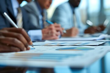 Wall Mural - Close-up of hands writing on financial reports during a business meeting, highlighting teamwork and data analysis.