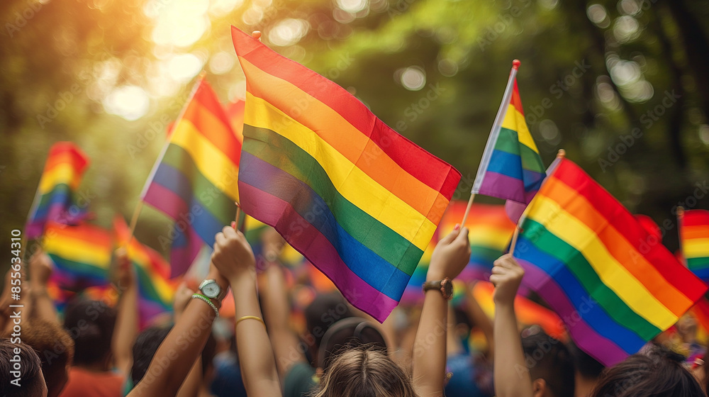 A vibrant photo of a pride parade with people holding rainbow flags and ...