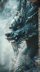 Wall Mural - Mythical Dragon Guarding an Ancient Temple in Mystical Fog