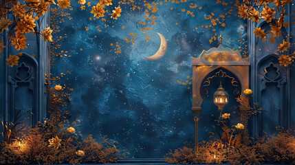 Wall Mural - Muharram Tentative Day 3d wallpaper decoration with mosque, arabic lantern, moon, flowers, golden leaves, decorative plants with sky and star on the background.