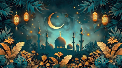 Wall Mural - mosque, arabic lantern, crescent, flowers, golden leaves, decorative plants with sky and star on the background for Muharram Tentative Day.