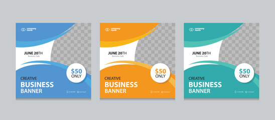 Wall Mural - Set of Editable square business web banner design template. background gradients color. Suitable for social media post, instagram story and web ads. Vector illustration with Space to add pictures.