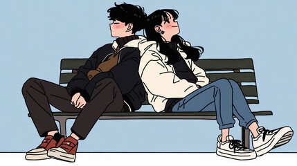 Gen-Z  man and woman in casual attire sit together on a park bench, enjoying each others company.