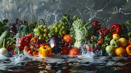 Wall Mural - Fresh vegetables, fruits and water splashes on panoramic background. 