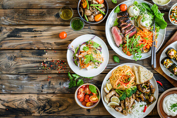 Wall Mural - A diverse spread of international dishes on a wooden table Stock Photo with copy space