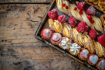 Poster - Assorted French pastries including eclairs and fruit tarts Stock Photo with copy space Isolated on white background