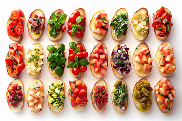 Assorted Italian bruschetta with tomatoes, basil, and olive oil Stock Photo with copy space Isolated on white background