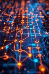 Wall Mural - Close-up of a futuristic digital circuit board with glowing orange and blue lights, symbolizing advanced technology and innovation.