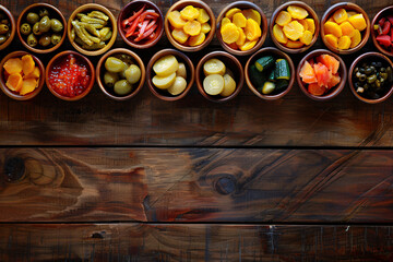 Poster - Assorted Japanese pickles and side dishes in small bowls Stock Photo with copy space Isolated on white background