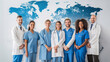 © Daria Lukoiko - Global Healthcare Team: A diverse group of doctors and nurses stands united against a world map backdrop, symbolizing international cooperation and dedication in medicine