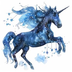 Wall Mural - Watercolor painting of a celestial unicorn galloping across a starlit sky, its mane trailing stardust, on isolated white background, Generative AI
