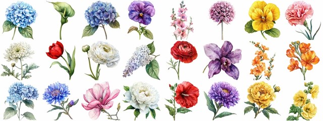 Wall Mural - Watercolor flower set isolated background. Various floral collection of nature blooming flower clip art illustration element for retro flora wedding or romantic valentine card. crisp edges cut out.