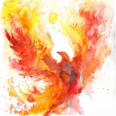 Wall Mural - Watercolor painting of a fiery phoenix rising from flames, its feathers ablaze with vibrant reds and oranges, on isolated white background, Generative AI