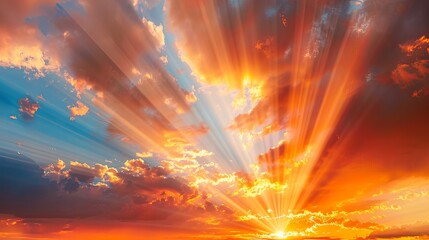 Breathtaking sunrise with dramatic clouds and vibrant sun rays spreading across the sky, creating a stunning natural spectacle.