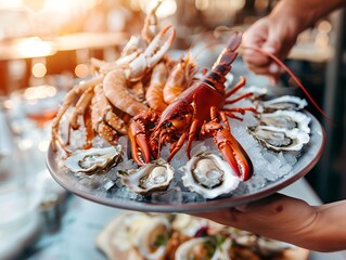 Wall Mural - Hand picking up a fresh seafood platter with oysters, crab claws and other seafood at a restaurant or hotel in daylight, with a soft focus photographic style. Closeup of a hand putting the lobster int