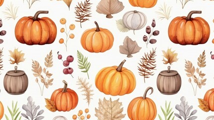 Canvas Print - Vibrant autumnthemed seamless pattern with trees, pumpkins, leaves, and watercolor textures for a cozy fall vibe.