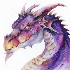 Wall Mural - Watercolor painting of a wise old dragon, guardian of the mountains, its scales reflecting the colors , on isolated white background, Generative AI