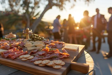 Wall Mural - A photo shows an elegant wooden cheese and charcuterie board with various types of pieces and slices of bread on a cracker stand sitting on a table at an outdoor wedding event in California. The scene