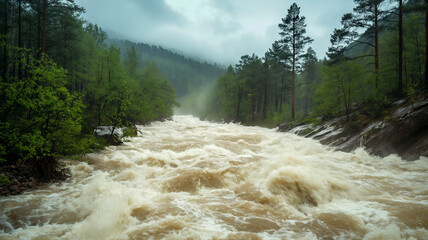 Raging river in the mountains with submerged trees and rocks