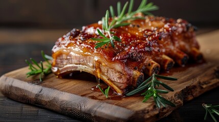 delicious, juicy, and tender bbq pork ribs with herbs on a rustic wooden board. perfect for a gourme