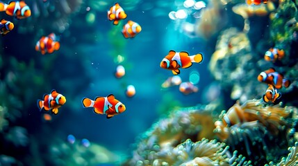 Wall Mural - Bright orange clownfish swim in a vibrant coral reef. Underwater world with colorful marine life and lush corals. Perfect for nature and marine biology visuals. AI