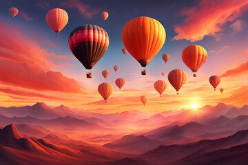 Wall Mural -  Fantasy hot air balloons at sunset in the sky design. 