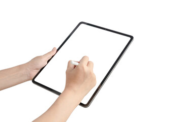 Wall Mural - A person is writing on a tablet with a white background