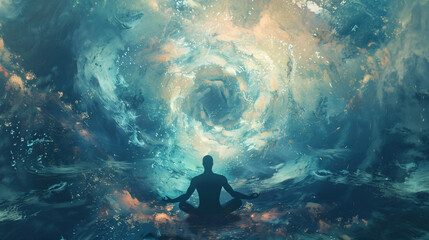 Wall Mural - An abstract digital art illustration depicting a mindful and spiritual concept, with a heavenly background and a theme of meditation and enlightenment.
