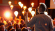 © XaMaps - An enthusiastic speaker giving an inspirational talk at a conference with an image of lightbulbs over his audience's heads indicating ideas and innovation.