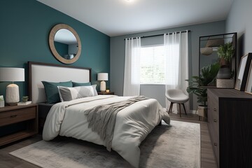 Wall Mural - A freshly renovated bedroom with teal walls, new furniture, and stylish decor. Generative AI