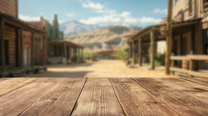 Wall Mural - a close up of a rustic empty wooden table with blurred wild west background