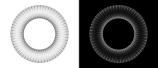 Wall Mural - Modern abstract background. Halftone dots in circle form. Round logo, design element or icon. Vector dotted frame. A black figure on a white background and an equally white figure on the black side.