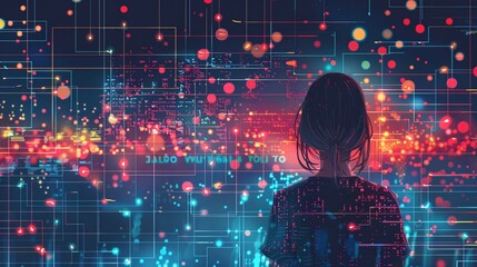 Poster - In an illustration, a girl is seen from behind, facing a series of abstract data structures and coding symbols that represent her journey through the world of programming. The design includes