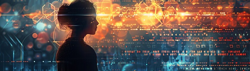 Poster - An artistic illustration portrays a girl from behind, contemplating a dynamic scene of abstract shapes and data structures that symbolize the complexities of programming. The image is designed with