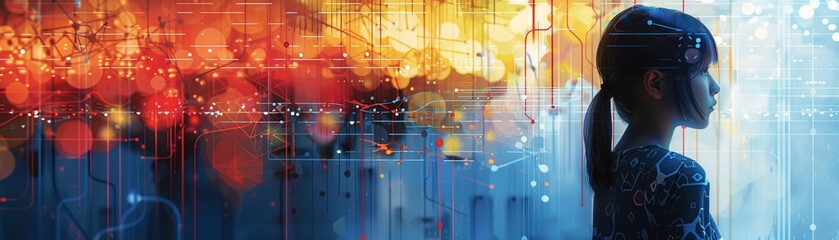 Poster - An artistic illustration portrays a girl from behind, contemplating a dynamic scene of abstract shapes and data structures that symbolize the complexities of programming. The image is designed with