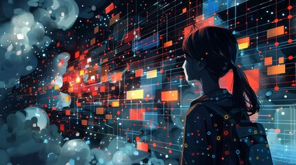 Poster - An illustration shows a girl from the back, gazing at a landscape of abstract shapes and symbols representing data structures, symbolizing her journey in mastering programming. The image features