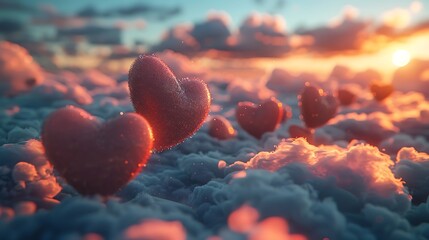 Wall Mural - Hearts floating in a dreamy sky with clouds and soft light. The scene features pastel-colored hearts drifting gently among fluffy clouds, with a warm, ethereal glow illuminating the sky. 