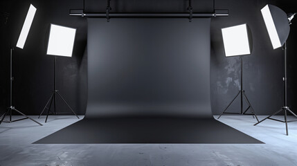 Poster - Empty modern minimalist photo production studio with black background. Background image. Created with Generative AI technology.