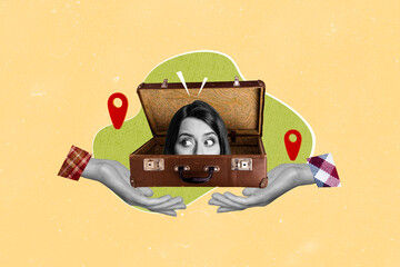 Wall Mural - Creative collage image young woman hide suitcase luggage travel agency hands body fragments gps geo location peek spy surreal face