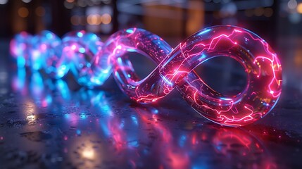 Wall Mural - Neon infinity symbols on a sleek, modern metallic surface. The glowing symbols create a vibrant contrast against the reflective, smooth metal background, highlighting the futuristic 