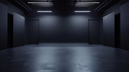 Poster - Empty modern minimalist photo production studio with black background. Background image. Created with Generative AI technology.