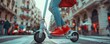 © worawut - Close up of a woman in red sneakers riding an electric scooter on a city street