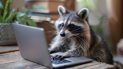 Closeup of cute raccoon working on laptop computer at home, real photo