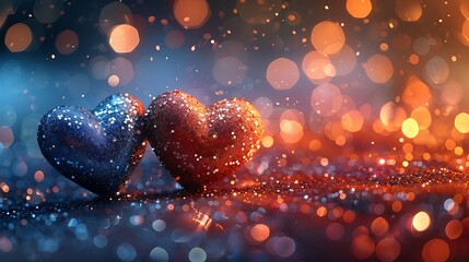 Sparkling hearts with a glitter effect, creating a glamorous, festive background. The hearts are adorned with shimmering glitter, set against a vibrant, colorful backdrop.