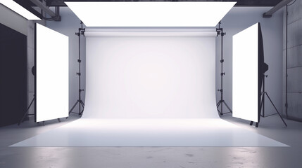 Poster - Empty modern minimalist photo production studio with white background. Background image. Created with Generative AI technology.