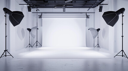 Poster - Empty modern minimalist photo production studio with white background. Background image. Created with Generative AI technology.